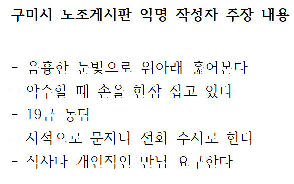 경북 구미시청 한 직원이 24일 노조 게시판에 익명으로 구미시의원 관련 성비위, 갑질 재발방지 요청 글을 올리며 파장이 일고 있다. 이영광 기자