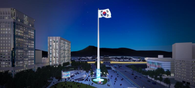 서울시가 100ｍ 높이에 태극기가 게양된 대형 조형물을 서울 종로구 광화문광장에 설치한다고 25일 밝혔다. 사진은 광화문광장에 설치된 태극기가 게양된 대형 조형물 조감도. 연합뉴스
