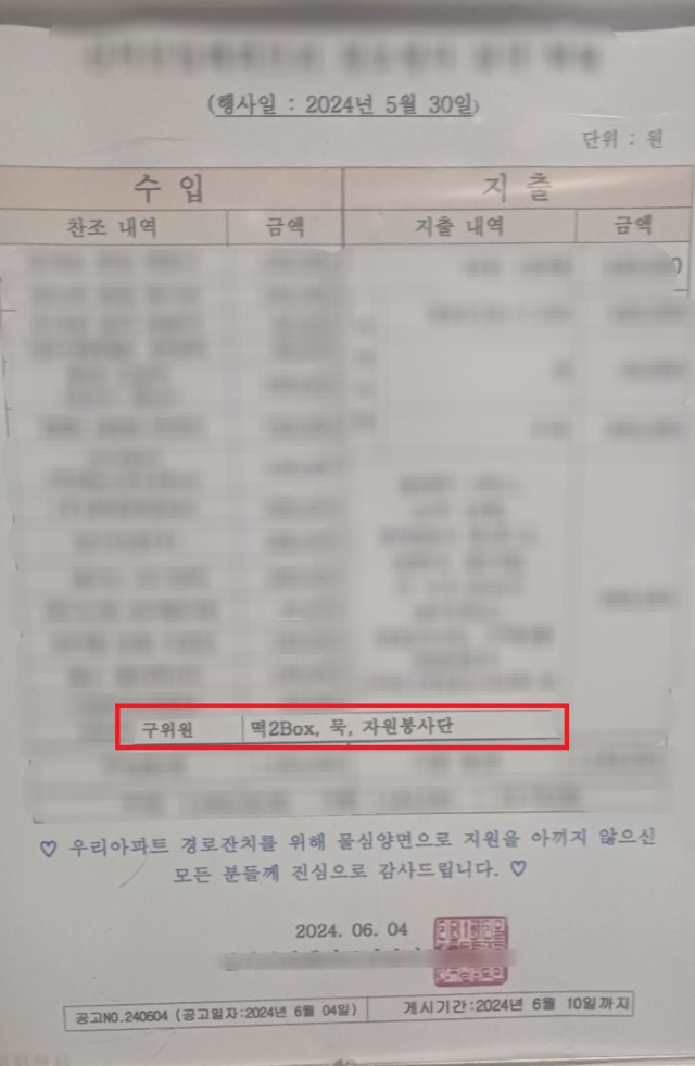 대구 한 아파트단지 경로행사 결산 현황 찬조 내역에 A의원이 떡 2BOX, 묵, 자원봉사단을 찬조했다고 적혀있다. 제보자 제공