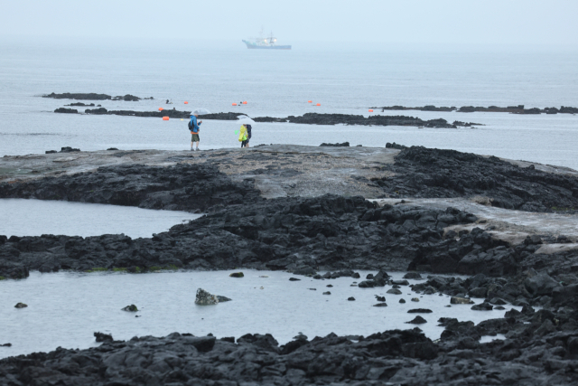 제주도에 호우주의보가 내려진 27일 오전 우산을 쓴 관광객들이 제주시 구좌읍 하도리 바닷가를 산책하고 있다. 연합뉴스