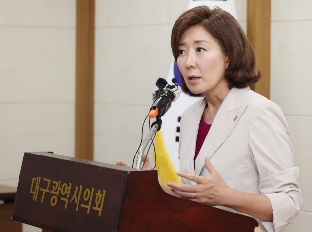 국민의힘 나경원 대표 후보가 28일 오전 대구시의회에서 기자간담회를 하고 있다. 나 후보는 이날 대구 달서을 등 지역 당협을 방문한다. 연합뉴스