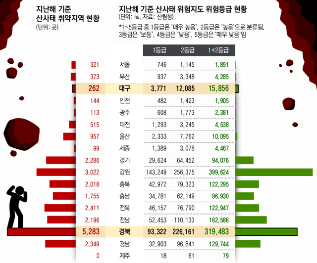 지난해 7월 24일 경북 예천군 벌방리의 한 야산 묘지 옆으로 산사태가 발생해 푸른 초원이 뒤덮은 묘지와 산사태로 뒤덮힌 토사의 경계가 뚜렷하게 남아있다. 안성완 기자 asw0727@imaeil.com