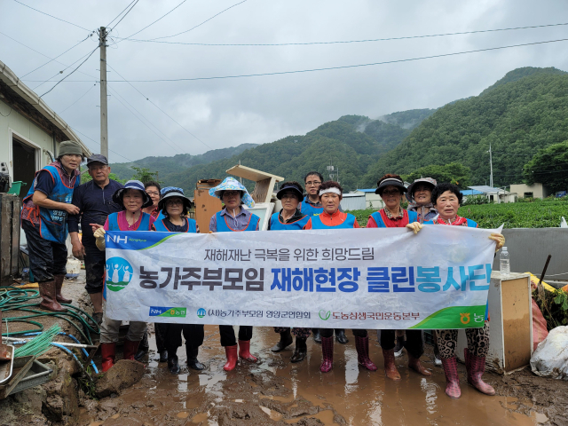 NH농협 영양군지부 임직원과 (사)농가주부모임영양군연합회 회원들로 구성된 클린봉사단이 지난 9일 심각한 비 피해를 입은 영양지역 농가를 방문해 복구 봉사를 진행하고 있다. 농협 영양군지부 제공