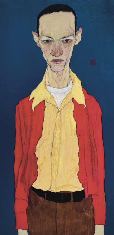 임일민, 빨간색 가디건을 입은 남자, 121x60.2cm, 광목에 혼합매체, 2024