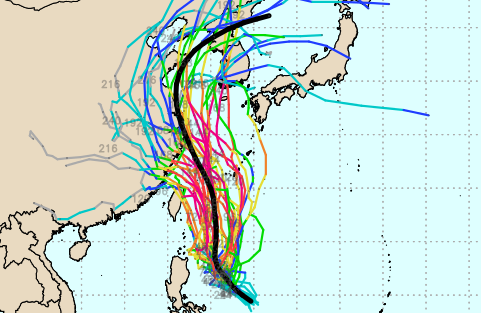다중앙상블(GEFS) 모델 6호 열대저압부 예상경로