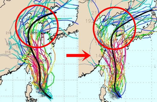 다중앙상블(GEFS) 모델 3호 태풍 개미 예상경로. 왼쪽이 7월 19일 6호 열대저압부의 태풍 발달 전 버전, 오른쪽은 7월 20일 태풍으로 발달한 후 버전