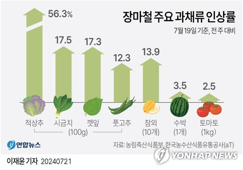 [그래픽] 장마철 주요 과채류 인상률. 연합뉴스