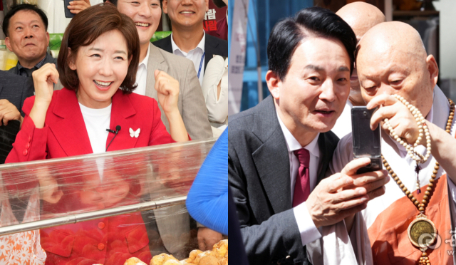 나경원 국민의힘 당 대표 후보가 22일 오후 대구 중구 서문시장을 방문해 상인들과 인사를 나누고 있다.(사진 왼쪽) 원희룡 국민의힘 당 대표 후보가 22일 오전 대구 동구 팔공총림 동화사를 방문해 방장 의현 스님과 이야기를 나누고 있다. 안성완 기자 asw0727@imaeil.com