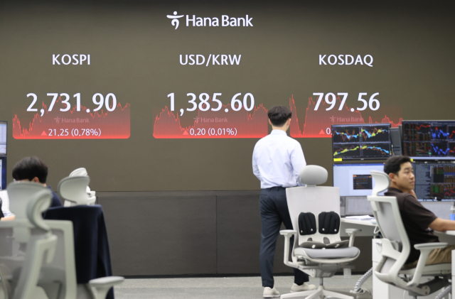 26일 오후 서울 중구 하나은행 딜링룸에서 직원들이 업무를 보고 있다. 이날 코스피는 0.7% 넘게 올라 2,730대를 회복했다. 코스피는 전장보다 21.25포인트(0.78%) 오른 2,731.90에 거래를 마치며 지난 24일 이후 3거래일 만에 반등했다. 코스닥지수는 전장보다 0.27포인트(0.03%) 오른 797.56에 거래를 마쳤다. 연합뉴스
