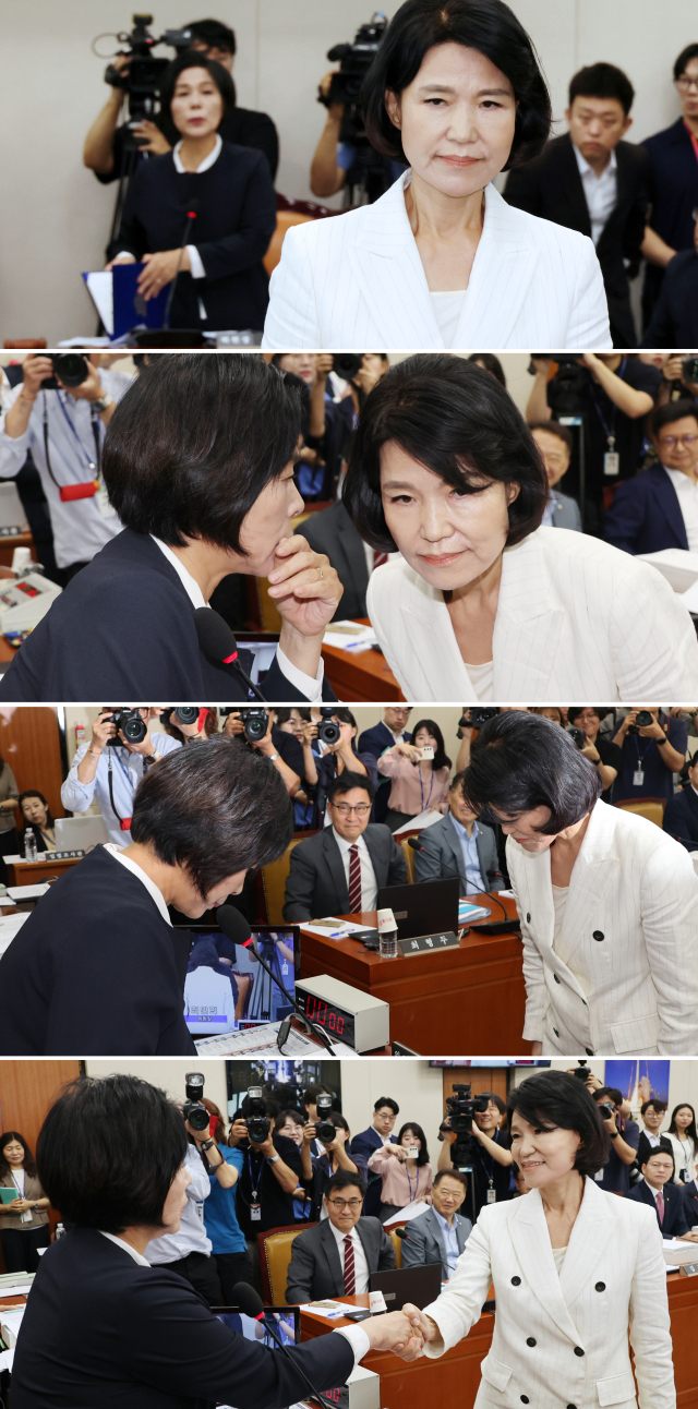 24일 국회 과학기술정보방송통신위원회에서 열린 이진숙 방송통신위원장 후보자에 대한 인사청문회에서 더불어민주당 소속 최민희 위원장과 이 후보자가 신경전을 벌이는 모습. 위쪽부터 선서문 전달 후 인사를 하지 않고 자리로 돌아가는 이 후보자를 돌려세우는 최 위원장, 이 후보자 귀에 대고