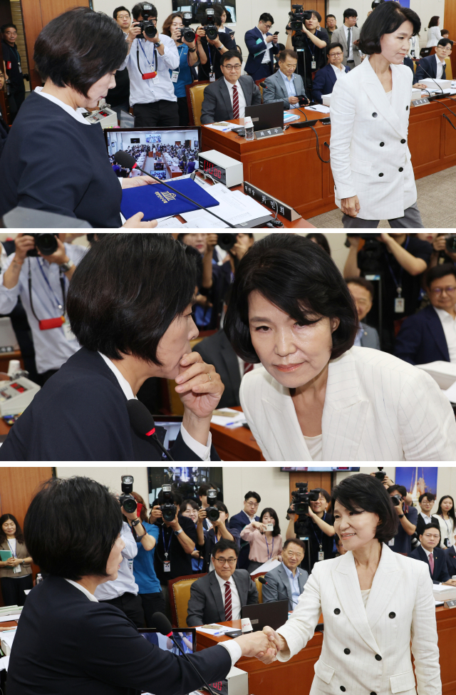 국회 과학기술정보방송통신위원회에서 열린 이진숙 방송통신위원장 후보자에 대한 인사청문회에서 더불어민주당 소속 최민희 위원장과 이 후보자가 신경전을 벌이는 모습. 연합뉴스