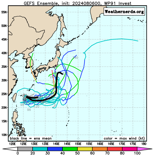 다중앙상블(GEFS) 모델 91W 열대요란 예상경로