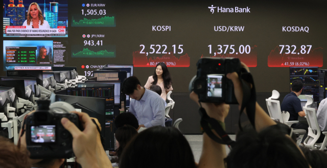 전날 급락했던 코스피가 6일 80.60포인트(3.3%) 오른 2,522.15에 거래를 마쳤다. 코스닥은 41.59p(6.02%) 오른 732.87로 마감했다. 이날 중구 하나은행 본점 딜링룸에 취재진이 모여 있다. 연합뉴스
