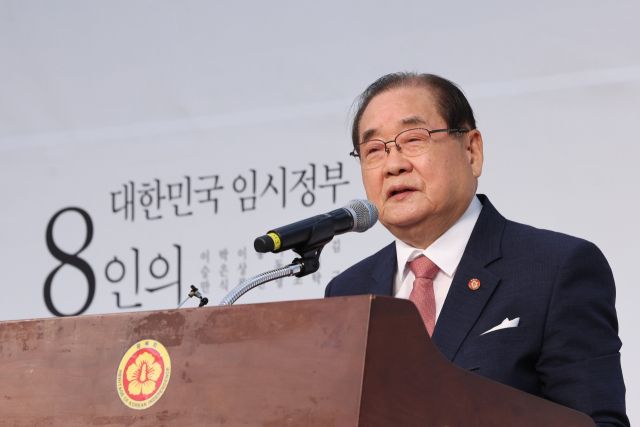 제79주년 8·15 광복절인 15일 오전 서울 용산구 효창공원 내 백범김구기념관에서 열린 광복회 주최 광복절 기념식에서 이종찬 광복회장이 기념사하고 있다. 광복회 등 독립운동단체는 김형석 신임 독립기념관장이 