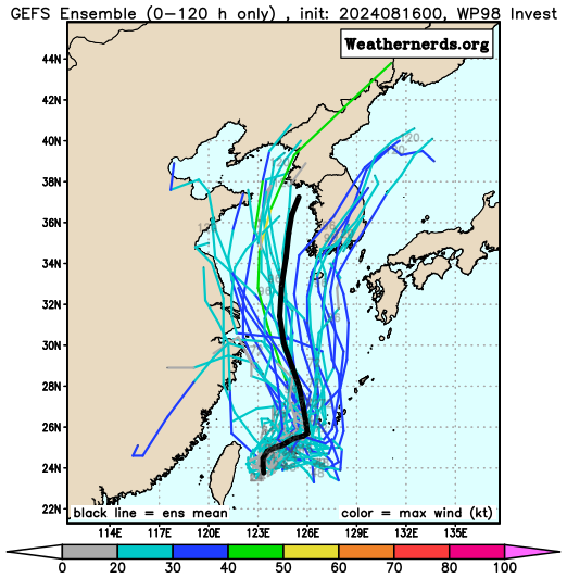 다중앙상블(GEFS) 모델 98W 열대요란 예상경로
