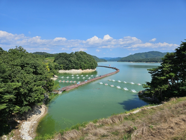 K-water 안동권지사가 안동댐 상류지역에 발생한 녹조 문제를 해소하기 위해 녹조 성장을 방해하는 수면포기기를 안동시 도산면 선성수상길 일원에 설치해 가동하는 모습. K-water 제공