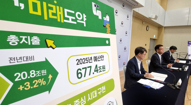 최상목 부총리 겸 기획재정부 장관이 22일 정부세종청사 민원동 브리핑실에서 2025년 예산안 및 2024~2028 국가재정운용계획에 관해 사전 브리핑하고 있다. 왼쪽은 김동일 예산실장. 오른쪽은 김언성 재정관리관. 연합뉴스