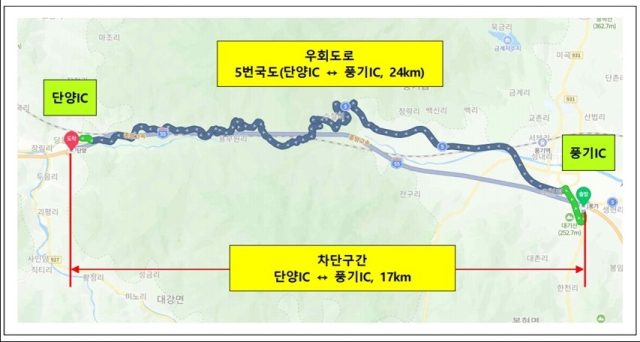 중앙고속도로 단양 IC~풍기IC 차단구간과 우회도로 구간. 한국도로공사 제공