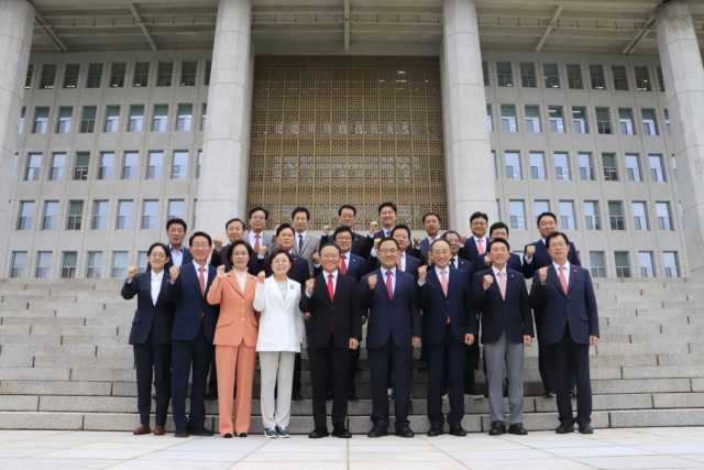 2일 22대 국회 개원식을 맞아 주호영 국회부의장, 추경호 원내대표 등 대구경북(TK) 국민의힘 의원들이 국회 본관 앞에 모여 기념촬영을 하고 있다. TK 출신인 김위상 비례대표 의원이 함께했고 임이자(상주문경), 권영진(대구 달서구병), 임종득(영주영양봉화) 의원이 일정상 동참하지 못했다. 강대식 의원실 제공·박영채 기자 pyc@imaeil.com