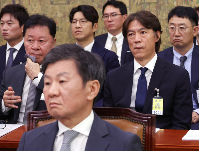 지난 2024년 국회에서 열린 문화체육관광위원회 전체회의에 출석한 정몽규 대한축구협회장(앞)과 이임생 협회 기술총괄이사(오른쪽부터)와 축구 국가대표팀 홍명보 감독, 정해성 전 협회 전력강화위원장. 연합뉴스
