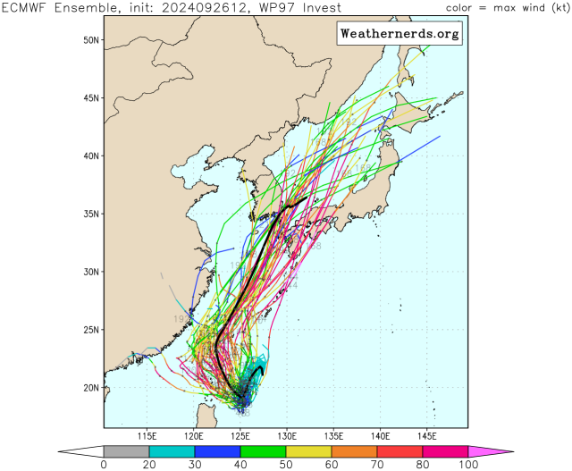 유럽중기예보센터(ECMWF) Ensemble(앙상블) 모델 39호 열대저압부 예상경로