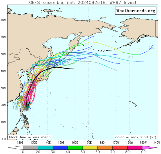 다중앙상블(GEFS) 모델 39호 열대저압부 예상경로