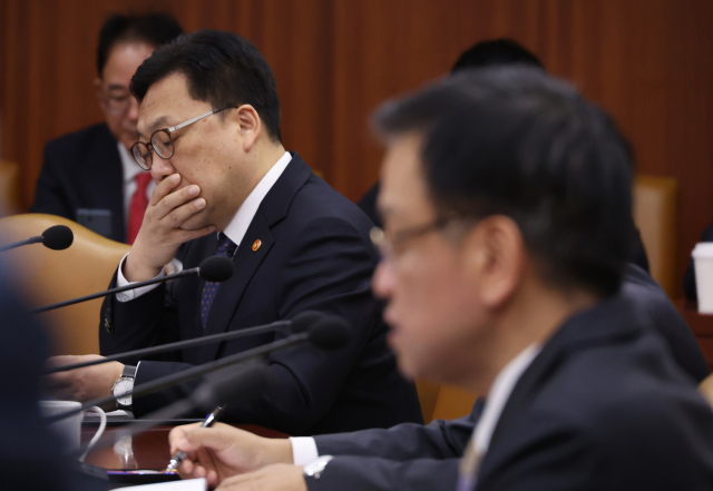 김병환 금융위원장이 2일 서울 종로구 정부서울청사에서 열린 경제관계장관회의에서 최상목 부총리의 발언을 듣고 있다. 연합뉴스