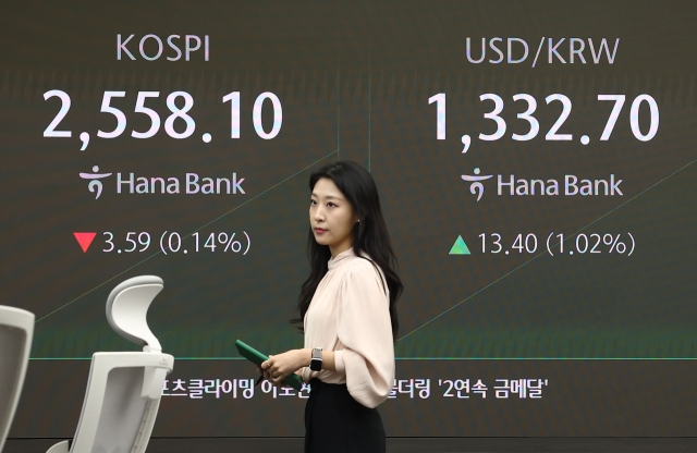 코스피가 전날보다 2.01포인트(0.08%) 오른 2,563.70으로 시작한 4일 오전 서울 중구 하나은행 본점 딜링룸에서 딜러가 업무를 보고 있다. 이날 원/달러 환율은 13.2원 오른 1,332.5원으로, 코스닥은 1.60p(0.21%) 오른 763.73로 개장했다. 연합뉴스