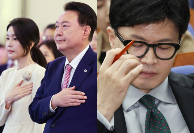윤석열 대통령과 김건희 여사(왼쪽), 한동훈 국민의힘 대표. 연합뉴스