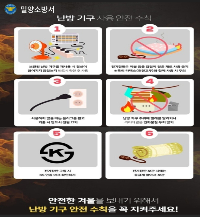 난방기구 안전 사용 수칙을 알리는 포스터. 밀양소방서 제공