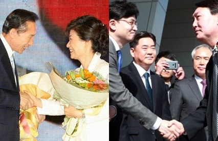 지금은 상상하기 힘든 분위기의 사진. 2007년 8월 20일 서울 올림픽공원 체조경기장에서 열린 한나라당 전당대회에서 대통령 후보로 확정된 이명박 전 서울시장이 박근혜 전 한나라당 대표와 악수를 나누고 있다. 2020년 2월 13일 당시 윤석열 검찰총장이 부산고등·지방 검찰청을 찾아 한동훈 당시 부산고검 차장검사와 악수를 하고 있다. 연합뉴스, 매일신문DB