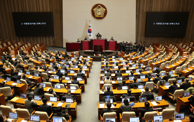 우원식 국회의장이 7일 오후 국회 본회의에서 윤석열 대통령의 탄핵소추안에 대해 의결 정족수 부족으로 