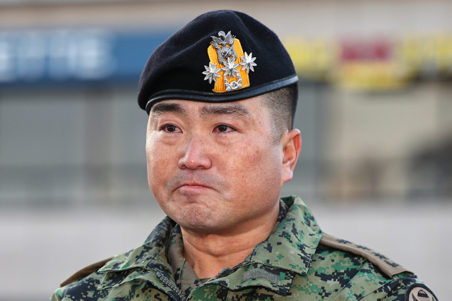 김현태 제707특수임무단장이 9일 오전 서울 용산구 국방부 전쟁기념관 앞에서 기자회견을 열고 발언하고 있다. 제707특수임무단은 지난 3일 밤 비상계엄 사태 당시 국회 진입을 위해 투입됐다. 연합뉴스