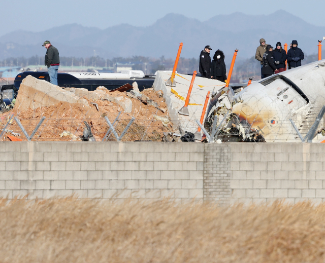 31일 오후 전남 무안군 무안국제공항 제주항공 여객기 참사 현장에서 미국 국가교통안전위원회(NTSB)와 보잉사 관계자, 국토부 항공철도사고조사위원회가 참사 원인으로 지목되고 있는 로컬라이저(방위각시설)가 있는 둔덕 위에 올라 사고 기체를 바라보고 있다. 연합뉴스