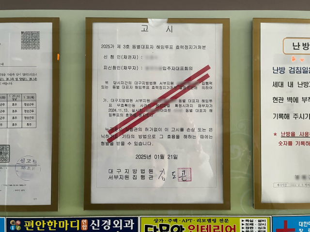 입주자대표인 A씨가 자신이 제기한 해임 무효 소송의 가처분 인용이 받아들여졌다는 내용의 공문을 아파트 곳곳에 게시했다. 정두나 기자
