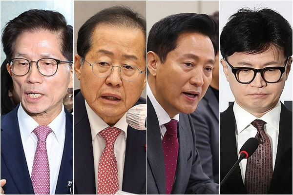 조기 대선 시 여권 후보로 거론되는 김문수 고용노동부 장관, 홍준표 대구시장, 오세훈 서울시장, 한동훈 전 국민의힘 대표.(왼쪽에서부터). 매일신문 DB