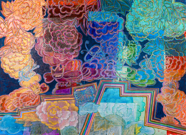 변미영, 판타지아 무릉도원, 53x73cm, 나무 판넬 위에 아크릴, 혼합재료, 2024