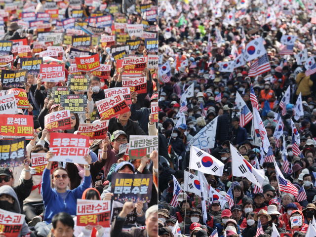 15일 서울 곳곳에서 윤석열 대통령 탄핵 찬반 집회가 열리고 있다. 왼쪽은 서울 종로구 경복궁 동십자각에서 윤석열 즉각퇴진·사회대개혁 비상행동이 연 15차 범시민 대행진, 오른쪽은 서울 세종대로에서 대한민국바로세우기운동본부가 연 광화문 국민대회. 연합뉴스