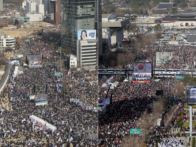15일 서울 곳곳에서 윤석열 대통령 탄핵 찬반 집회가 열리고 있다. 왼쪽은 서울 종로구 경복궁 동십자각에서 윤석열 즉각퇴진·사회대개혁 비상행동이 연 15차 범시민 대행진, 오른쪽은 서울 세종대로에서 대한민국바로세우기운동본부가 연 광화문 국민대회. 연합뉴스