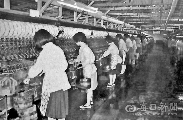 1970년대 대한방직 원사 생산라인에서 여직원들이 누에 고치를 풀어 견사를 뽑고 있다. 사진=매일아카이빙센터