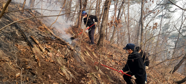 의성 산불이 안동시 길안면 백자리로 번지면서 산불 영향규역이 400ha로 늘어나면서 공무원 등이 동원돼 산불 저지에 나서고 있다. 안동시 제공