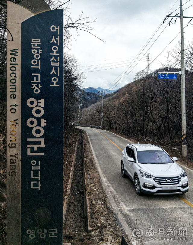 일주일째 이어졌던 경북 산불의 주불 진화가 완료된 28일 영양 석보면과 영덕 지품면 경계 지역 표지판이 검게 그을려 화염이 지나갔던 흔적을 보여주고 있다. 안성완 기자 asw0727@imaeil.com