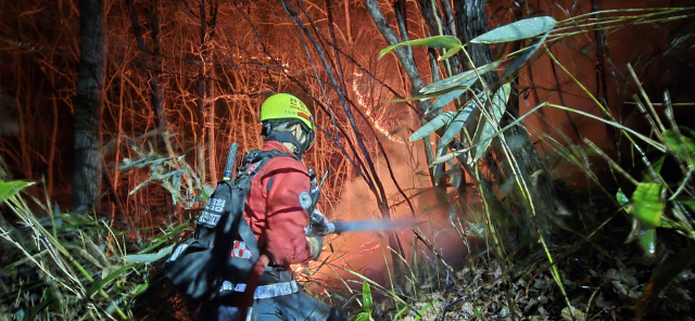 산림청 공중진화대원들이 28일 오전 0시 10분께 경남 산청군에서 야간 진화 작업을 하고 있다. 연합뉴스
