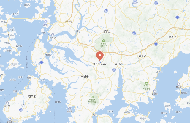 전남 해남군 계곡면 법곡리 산183 위치. 네이버 지도