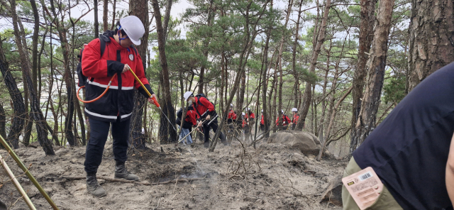 지난 26일 대구 달성군 옥포읍 기세리 함박산 8부 능선에서 불이 나 8ha 이상의 산림을 태우고 진화됐다. 소방 당국이 잔불을 진화하고 있다. 달성군 제공.
