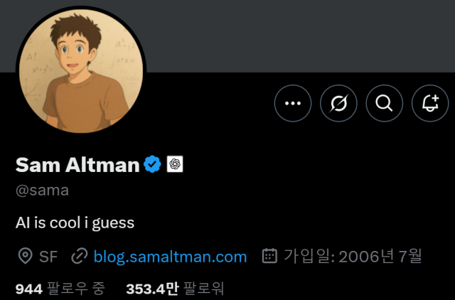 샘 올트먼 오픈AI 최고경영자의 X(엑스·옛 트위터) 프로필. 챗GPT를 활용해 일본 유명 애니메이션 제작사 지브리 스튜디오풍의 그림으로 변환한 사진이 게재돼 있다. X캡처