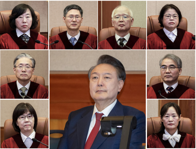 헌법재판소는 4일 오전 11시 윤석열 대통령 탄핵심판을 선고한다. 윤 대통령을 파면하거나 직무에 복귀시키는 헌재 결정의 효력은 재판장이 주문을 읽는 즉시 발생한다. 사진 윗줄 왼쪽부터 시계방향으로 헌법재판소 대심판정에 앉은 정계선, 문형배, 정형식, 김복형, 조한창, 정정미 헌법재판관, 윤 대통령, 이미선, 김형두 헌법재판관. 연합뉴스