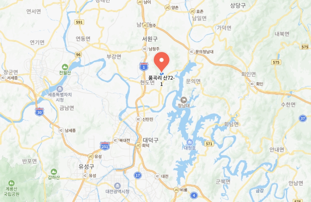 충북 청주시 상당구 문의면 품곡리 산72-1 위치. 네이버 지도