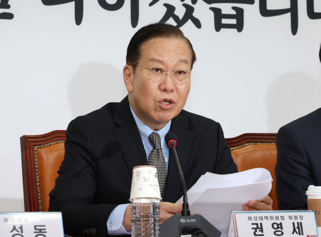 국민의힘 권영세 비상대책위원장이 7일 국회에서 열린 비상대책위원회의에서 발언하고 있다. 연합뉴스