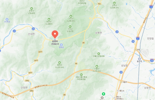 경남 밀양시 산내면 삼양리 산 182-4 위치. 네이버 지도